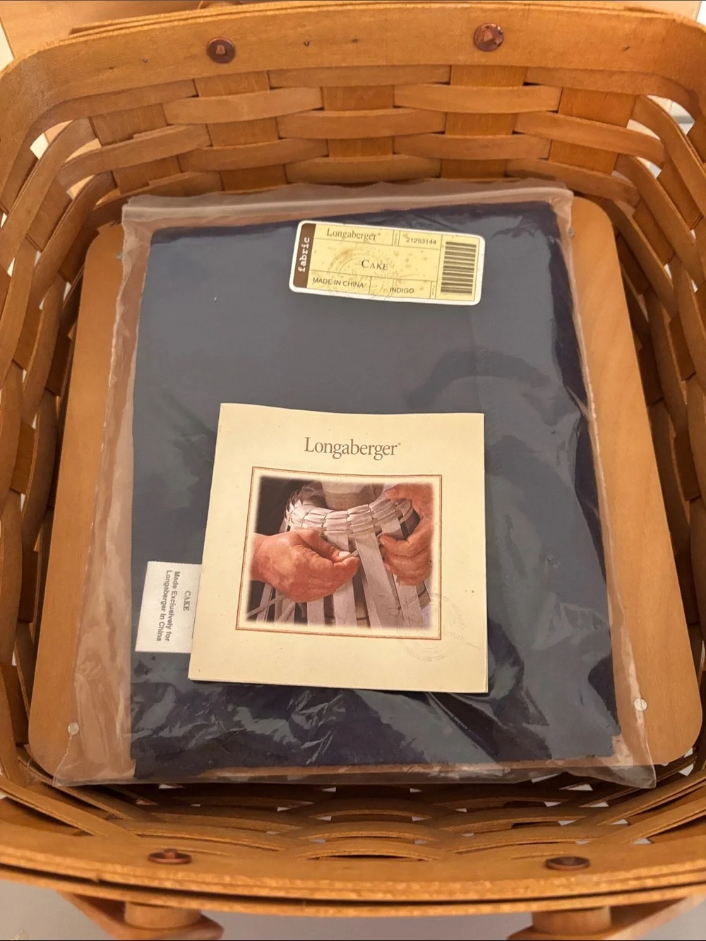 Longaberger Cake Basket with Handles, Lid, Stand & Fabric Liner - Unused